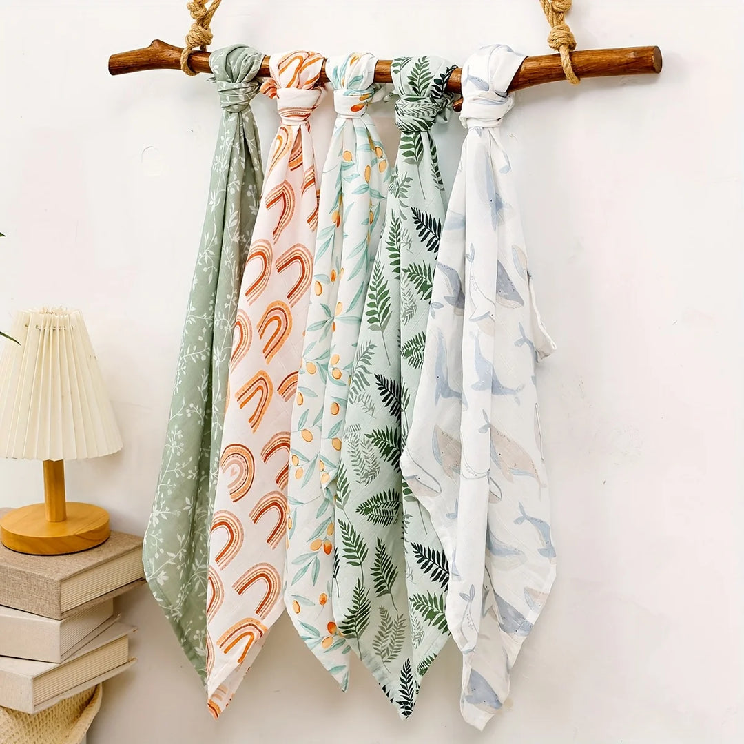 Happyflute 60x60CM Bamboo Cotton Muslin Square Towels 5-Piece Set Soft Gauze Wipes for Baby Face And Bath Newborn Baby Bibs
