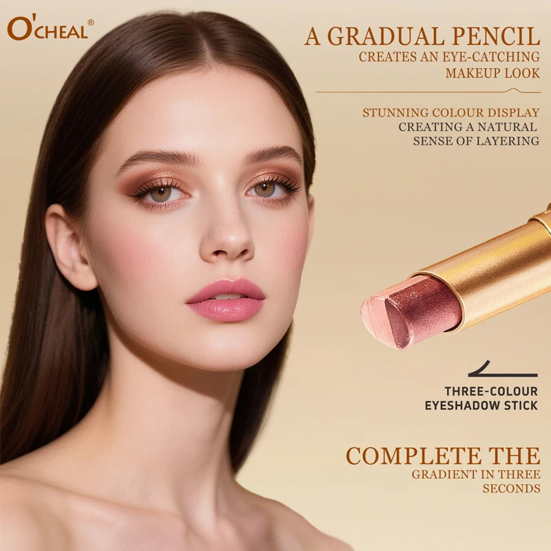 O'CHEAL Three Color Eye Shadow Stick Gradient Delicate Shiny Waterproof Glitter Eye Shadow Waterproof Long-Lasting Eye Cosmetics