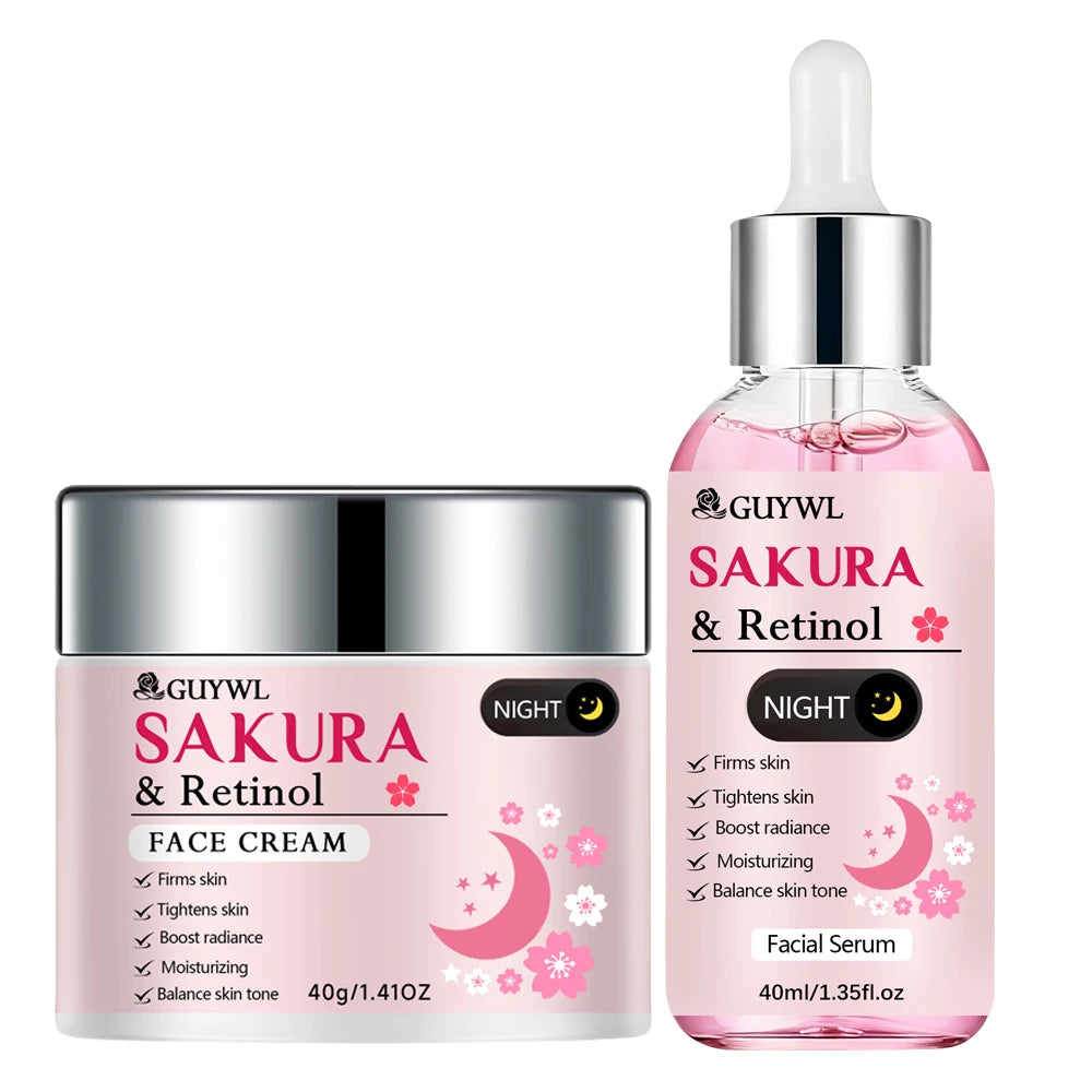 GUYWL Pink Peptide & Vitamin C Sakura & Retinol Facial Cream & Serum Set Day Night Care Combination with Niacinamide Hyaluronic