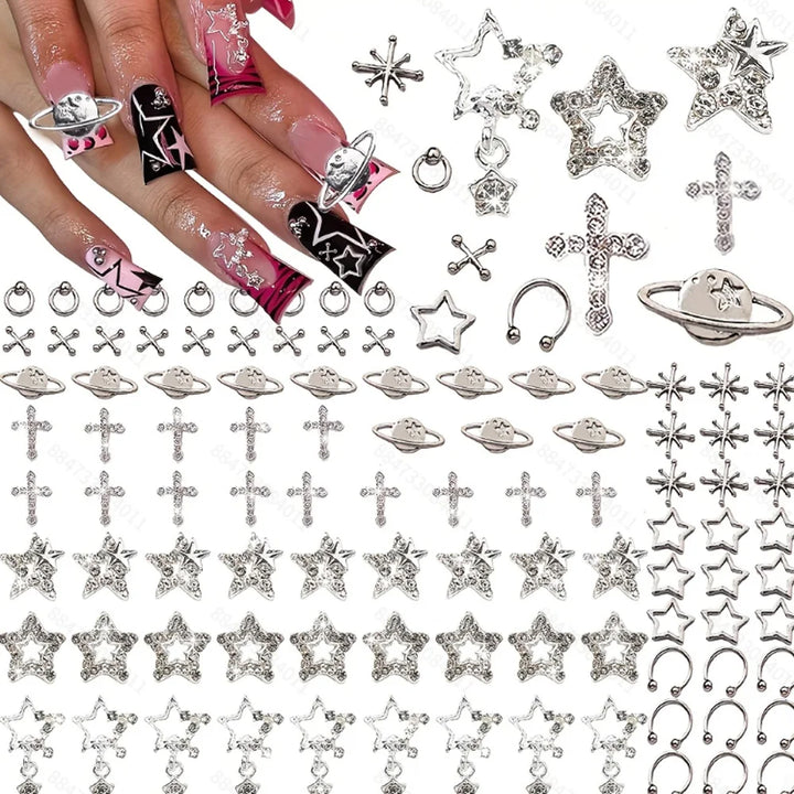 70PCS Star Nail Charms for Acrylic Nails,Silver Star Planet Cross Alloy Nail Art Decoration, Nail Stones Nail Jewels Accessorie
