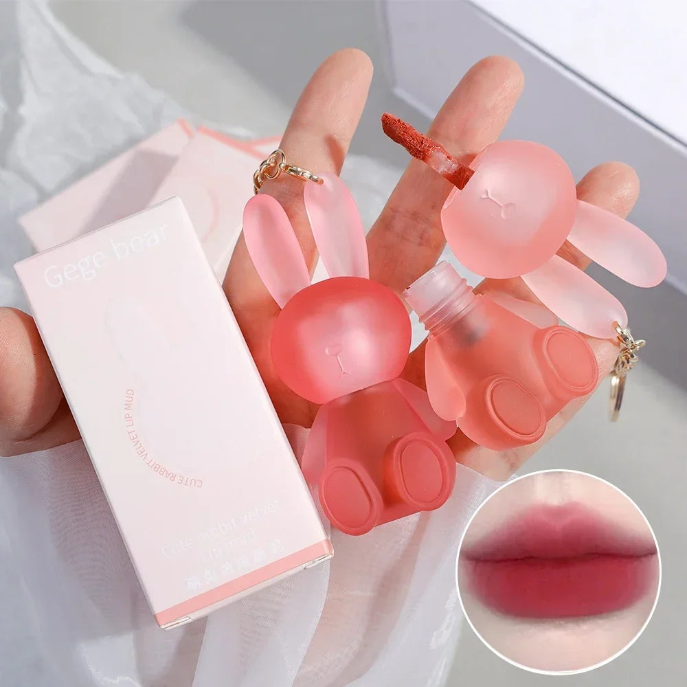 Matte Keychain Lip Gloss Waterproof Non-Stick Cup Long Lasting Moisturizing Cute Rabbit Nude Red Lip Glaze Tint Korean Cosmetics