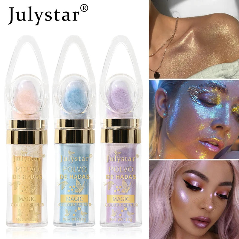 6 Colors Fairy Highlighter Pat Powder Glitter Polvo De Hadas Fashion Brighten Contour Blush Face Eyes Body Shimmer Powder Makeup