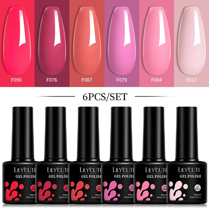 LILYCUTE 6Pcs/Set 7ML Gel DIY Nail Polish Bright Pink Semi Permanent Soak Off UV LED Gel Varnish Nail Art Design Manicure Kit