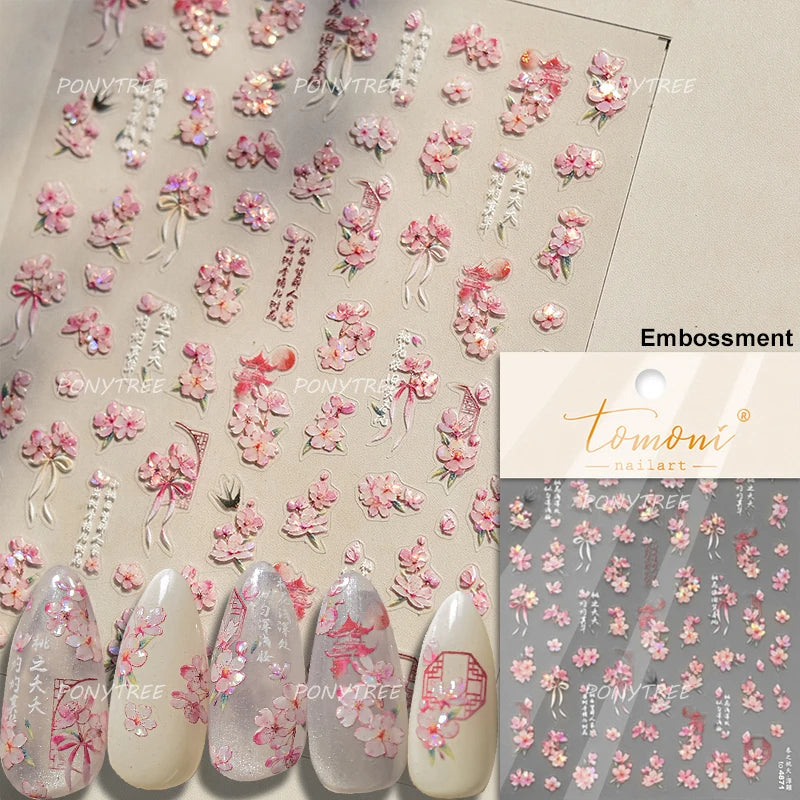 Flowers Blooming Cherry Blossom Sakura Living Peach Branch 5D Soft Relief Spring Adhesive Nail Art Sticker Chic Manicure Decals