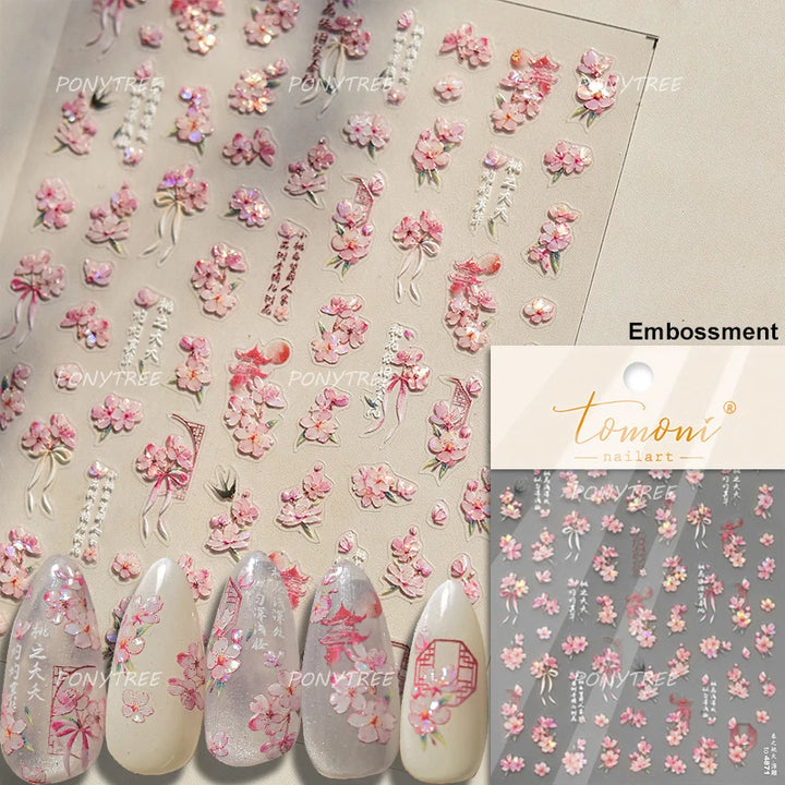 Flowers Blooming Cherry Blossom Sakura Living Peach Branch 5D Soft Relief Spring Adhesive Nail Art Sticker Chic Manicure Decals