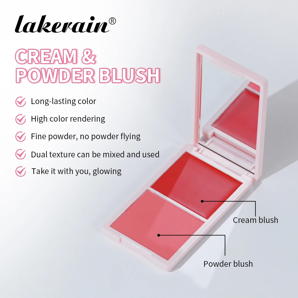 Lakerain 2in1 Cream & Powder Blush Palette Natural Long-lasting High Pigment Blush Makeup Pan Clear Vitality Girl Blush Palette