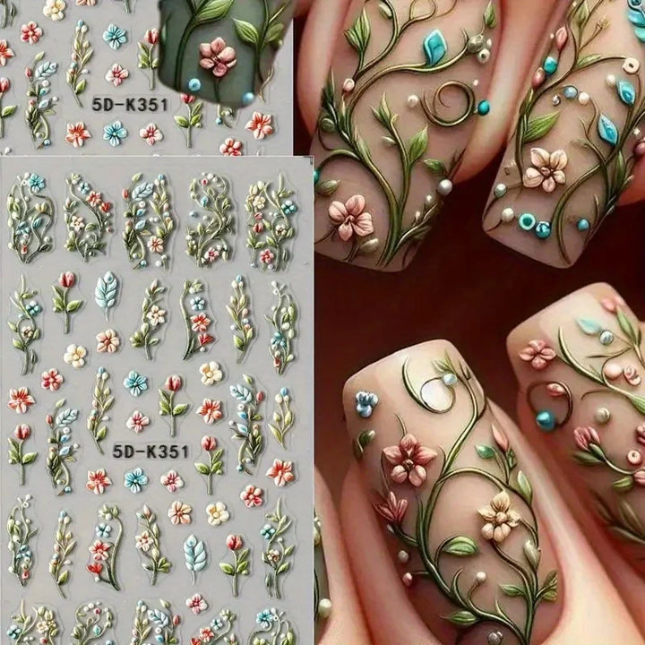 5D Embossed Green Vine Floral Nail Stickers - Matte Finish Self-Adhesive Nail Art Decals with Cartoon-Style Flowers