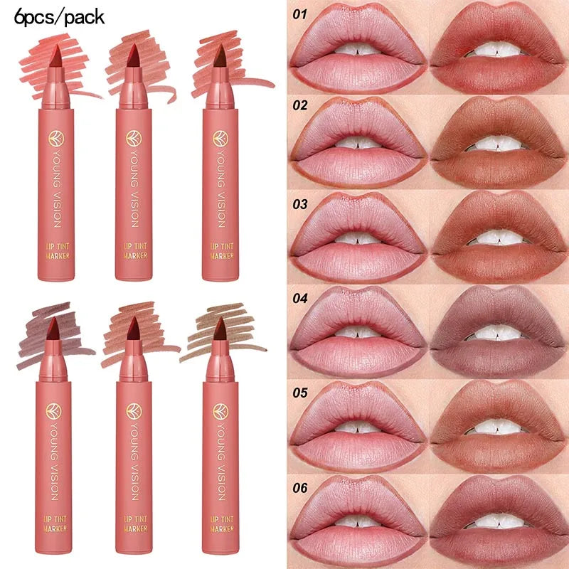 Lip Tint Pen, 6 Colors Available, Matte Water Lipstick, Non-Stick Cup, Long-Lasting, Smooth Lip Liner and Lip Stain Combo