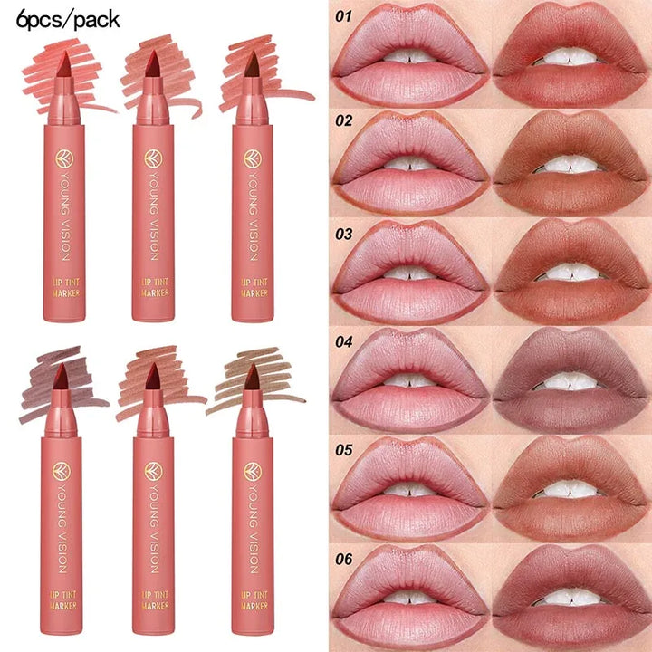 Lip Tint Pen, 6 Colors Available, Matte Water Lipstick, Non-Stick Cup, Long-Lasting, Smooth Lip Liner and Lip Stain Combo