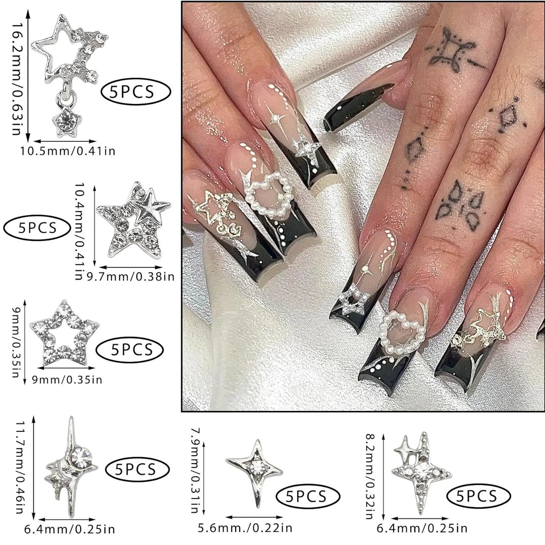 30PCS Silver Star Nail Charms Shiny 3D Stars Nail Gems Starlight Nail Jewelry Y2K Charms for Acrylic Nails Decoration Met