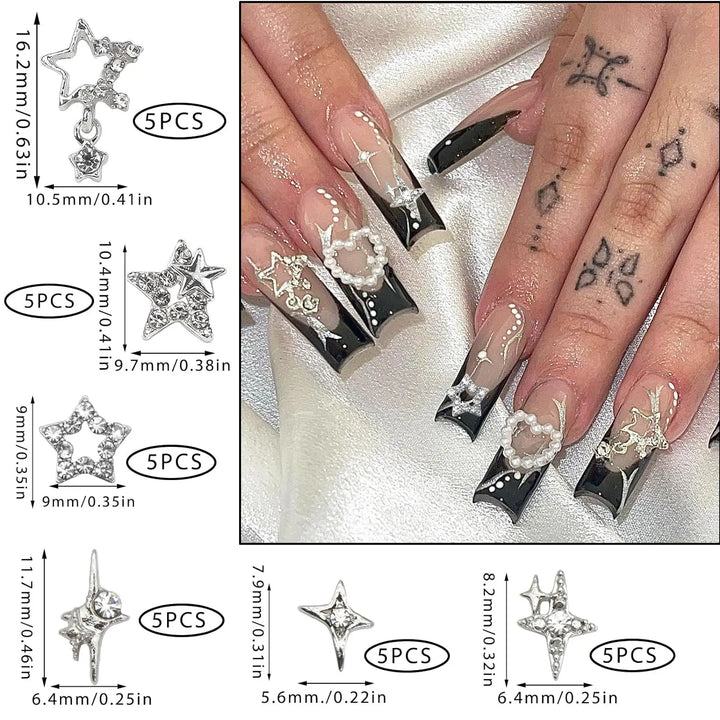 30PCS Silver Star Nail Charms Shiny 3D Stars Nail Gems Starlight Nail Jewelry Y2K Charms for Acrylic Nails Decoration Met