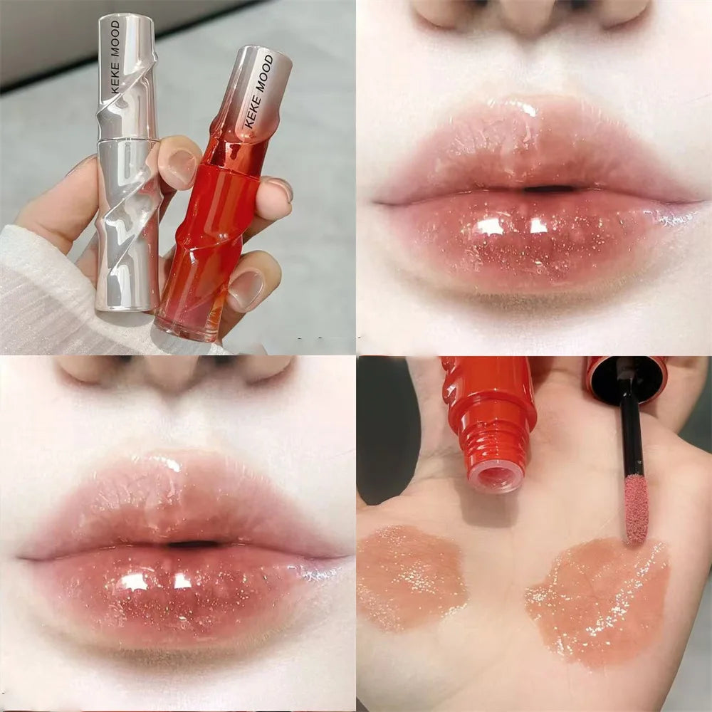 Crystal Nude Gray Glossy Lip Stain Mirror Korean Lip Glaze Sheer Nude Glitter Lip Tint Watery Shine Plumping Lipgloss Cosmetics