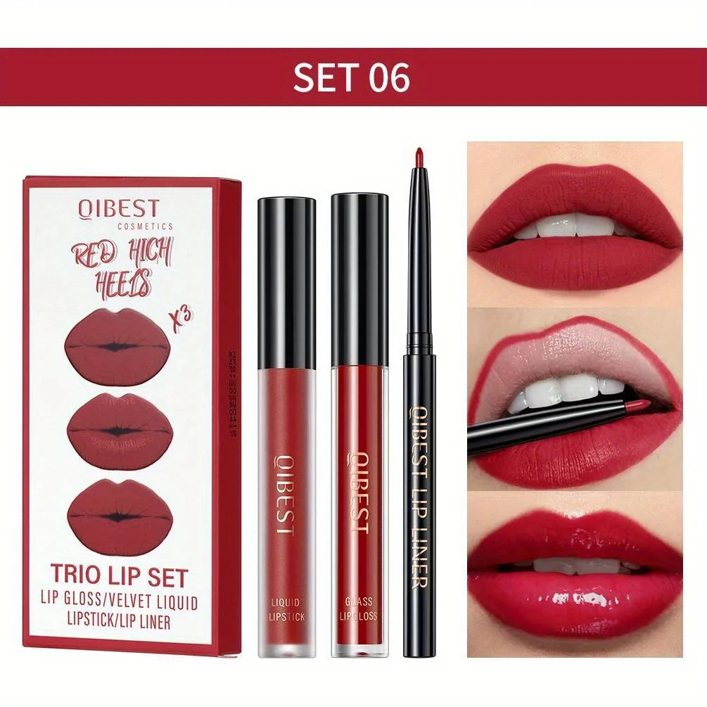 3 in 1 Lipstick and Lipliner Set, Long Lasting Waterproof Lip Stain Liquid Lipgloss Set for Women Halloween Gothic Makeup