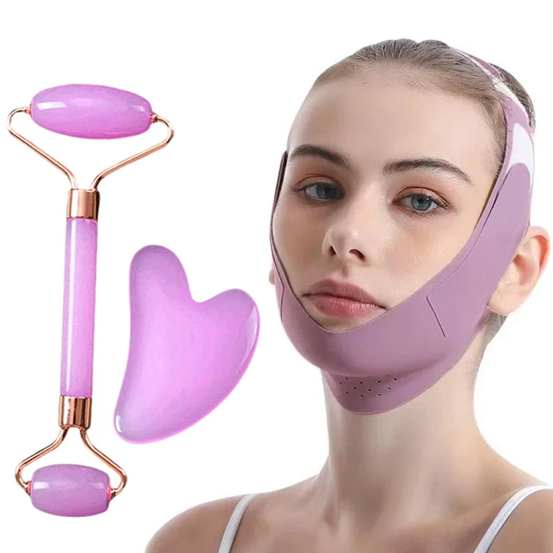 Facial Sculpting Mask & Facial and Eye Mask Massage Roller Reusable Adjustable V-shaped Face Bandage Portable Body Massage Tool
