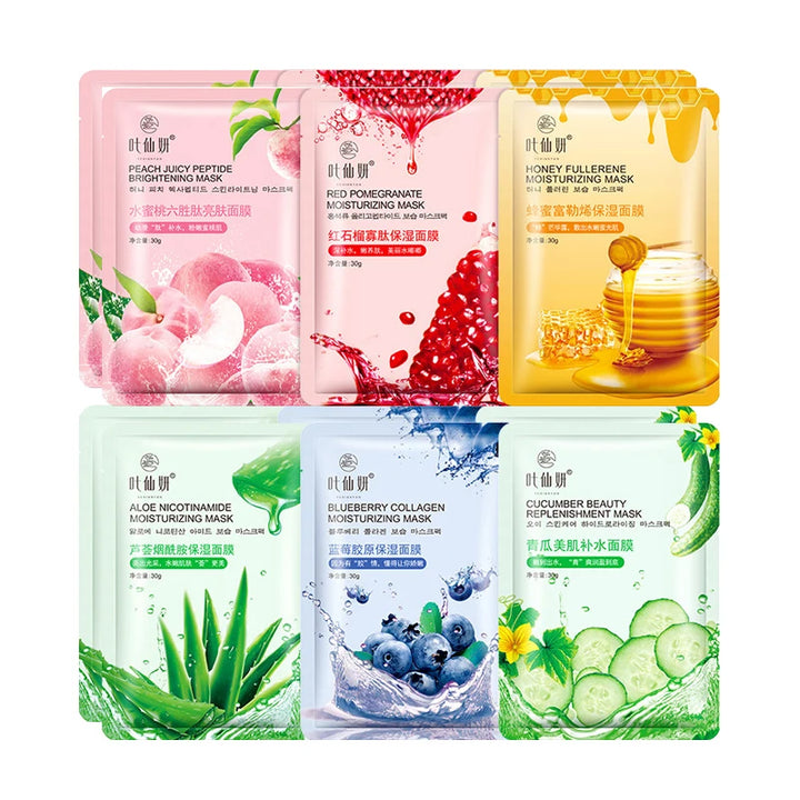 12 Pieces Blueberry Facial Masks Aloe Cucumber Peach Fresh Fruit Moisturizing Face Mask Sheets for Beauty Facial Skin Care