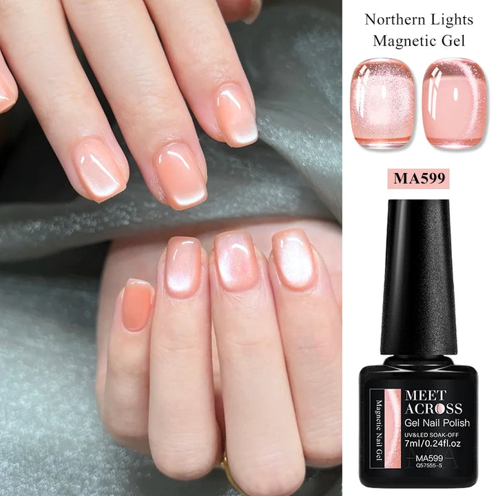MEET ACROSS 7ml Porcelain White Cat Eye Gel Polish Holographic Glitter Magnetic Galactic Effect Gel Nail Polish Soak Off UV Gel