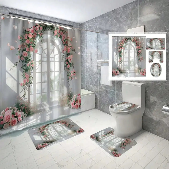 modern Pattern Printed Bathroom Set, Including Shower Curtain, Toilet Lid Cover & U-Shaped Mat,Bathroom Accessories
