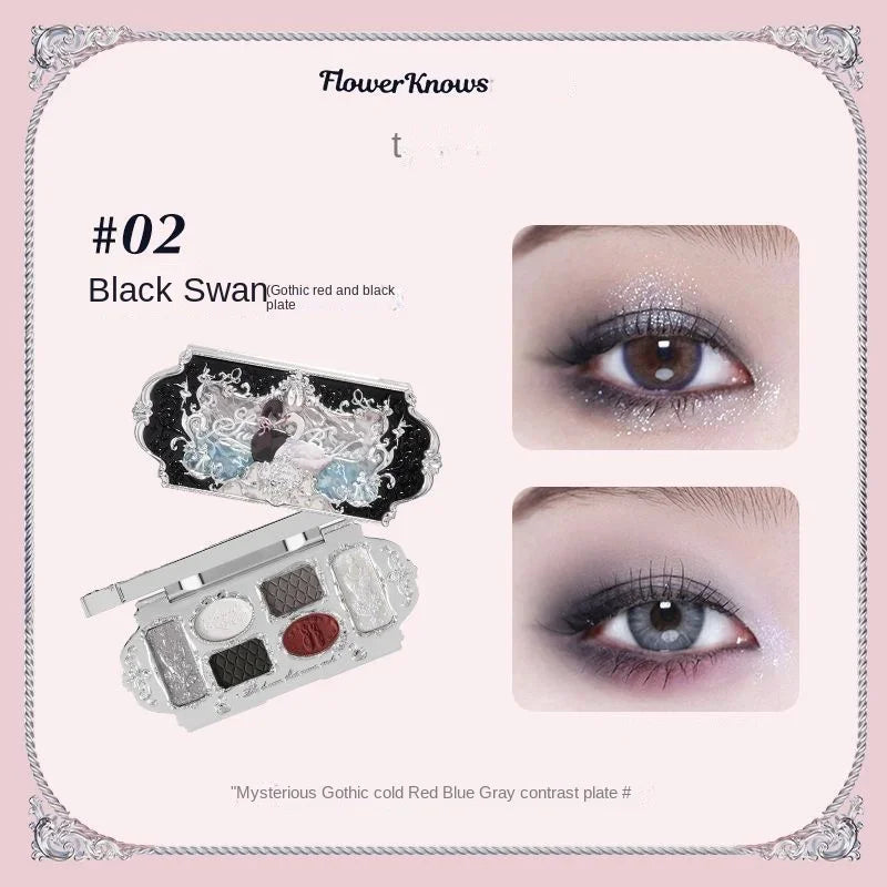 Flower Knows black Swan Ballet Eyeshadow Palette Matte Fine Shimmer Pearl Face Palette 6 Colour Glitter Eye Shadow