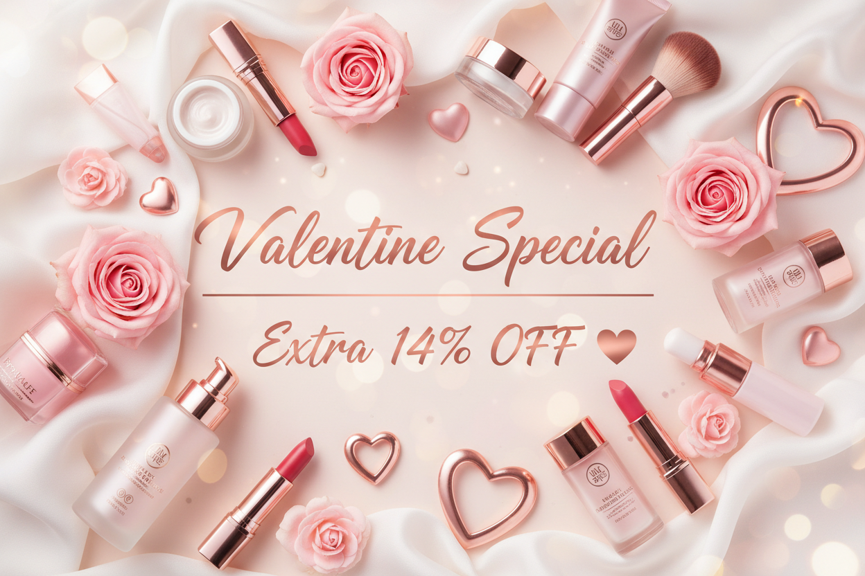 Sexy girl related skin care and cosmetics promotion Valentine Special – Extra 14% OFF ❤️, text in image center 